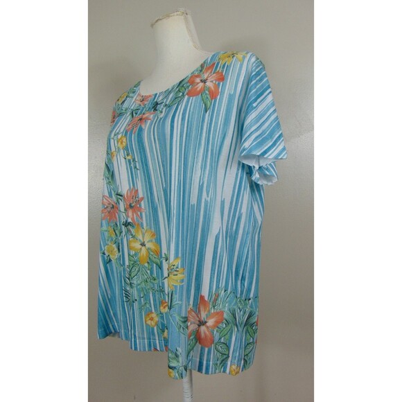 Chicos Size 2 Blue Floral Striped Top Womens Summer Large 12 Casual Resort - Picture 10 of 11